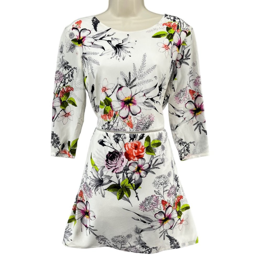 MYNE Anthropologie Silk Lola Dress White Floral 3/4 Sleeve Lined Open Back Sz 4